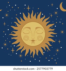 Seamless cartoon pattern with sun and crescent moon, vintage background for astrology and tarot.