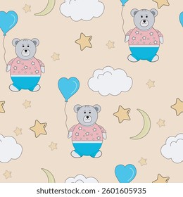 Seamless cartoon pattern with teddy bears, clouds, stars, and the moon in soft pastels. Perfect for fabric, packaging, textiles, background and baby decor