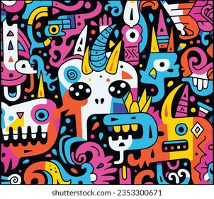 Seamless Cartoon Seamless Pattern With Unicorns and, in the Style of Jon Burgerman, Vibrant