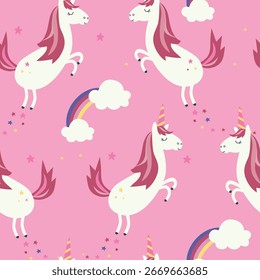 Padrão de desenho animado sem costura com unicórnios no fundo rosa. 