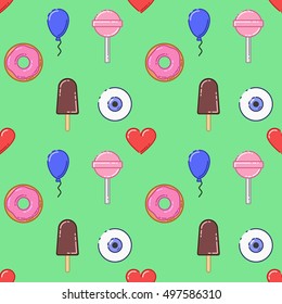 Seamless cartoon pattern. Vector colorful background. Red heart, pink donut, chocolate ice cream, balloon, candy, lollipop, blue eye. Thin stroke icons set. Green fond. Repeating image. EPS 8.