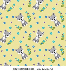 Seamless cartoon pattern with a wolf cub. Children's forest print with flowers and a cute forest animal.
