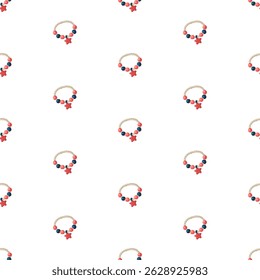Padrão de desenho animado sem emenda de pulseiras de corda tecidas com contas vermelhas e navais e charme de estrelas. Fundo de vetor acessório praia