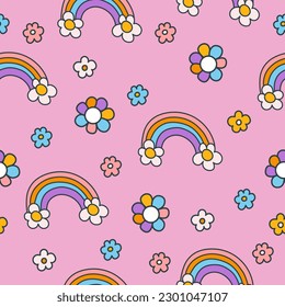 Seamless cartoon pattern in y2k style. Hand-drawn groovy rainbow with flowers. Illustration for textile, paper, fabric, background, print design, wrapping, wallpaper. Vector 