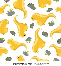 Seamless cartoon pattern with yellow dinosaurs and stones. Pattern on a white background for printing. Flat illustration.