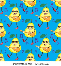 seamless cartoon pattern of a yellow pear playing guitar on a blue background. Vector image eps 10