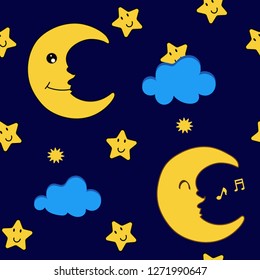 Seamless cartoon pattern,Moon and night sky,sweet dream concept.Vector illustration.