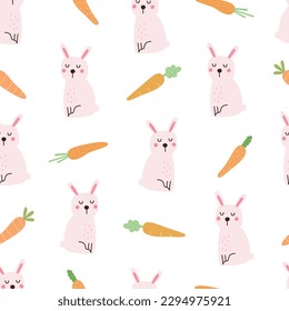 Seamless cartoon patterns of pink rabbit and carrot on white background. cute design used for fabric, newborn apparel, textiles, wallpaper, vector illustration