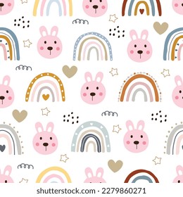 Seamless cartoon patterns of rabbit and rainbow on white background. cute design used for fabric, newborn apparel, textiles, wallpaper, vector illustration