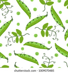 Seamless cartoon pea pattern. Vector background with green peas, pods and leaves.