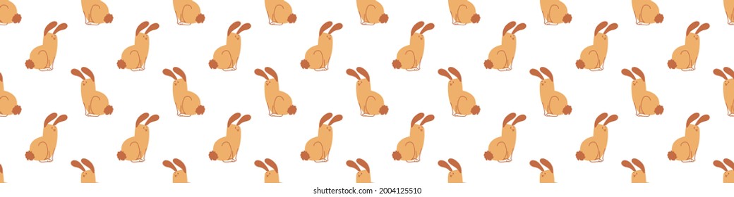 Seamless cartoon pet bunny doodle border. Whimsical minimal 2 tone gender neutral color. Kids nursery banner or whimsical character fashion all over print.