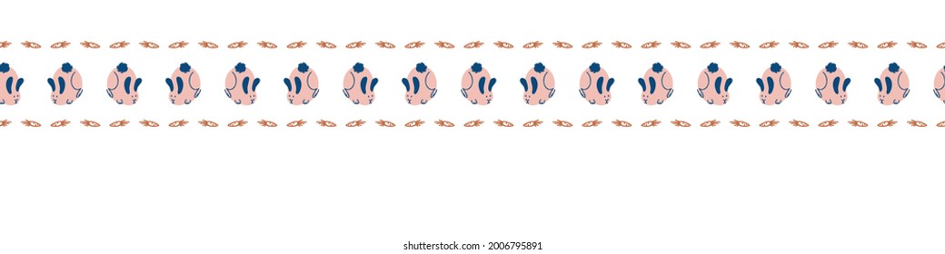 Seamless cartoon pet bunny doodle border. Whimsical minimal 2 tone gender neutral color. Kids nursery banner or whimsical character fashion all over print.