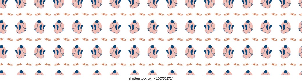 Seamless cartoon pet bunny doodle border. Whimsical minimal 2 tone gender neutral color. Kids nursery banner or whimsical character fashion all over print.