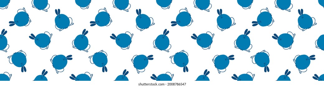 Seamless cartoon pet bunny doodle border. Whimsical minimal 2 tone gender neutral color. Kids nursery banner or whimsical character fashion all over print.