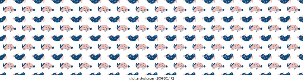 Seamless cartoon pet bunny doodle border. Whimsical minimal 2 tone gender neutral color. Kids nursery banner or whimsical character fashion all over print.