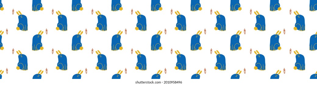 Seamless cartoon pet bunny doodle border. Whimsical minimal 2 tone gender neutral color. Kids nursery banner or whimsical character fashion all over print.