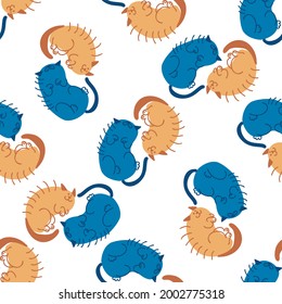 Seamless cartoon pet cat doodle border. Whimsical minimal 2 tone gender neutral color. Kids nursery banner or whimsical character fashion all over print.