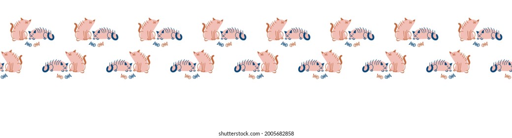 Seamless cartoon pet cat doodle border. Whimsical minimal 2 tone gender neutral color. Kids nursery banner or whimsical character fashion all over print.