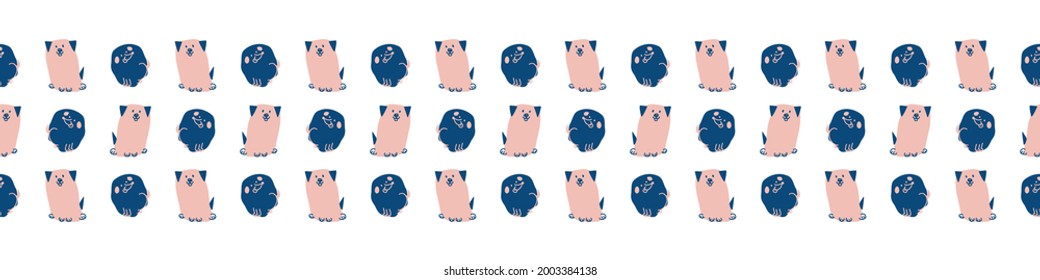 Seamless cartoon pet dog doodle border. Whimsical minimal 2 tone gender neutral color. Kids nursery banner or whimsical character fashion all over print.