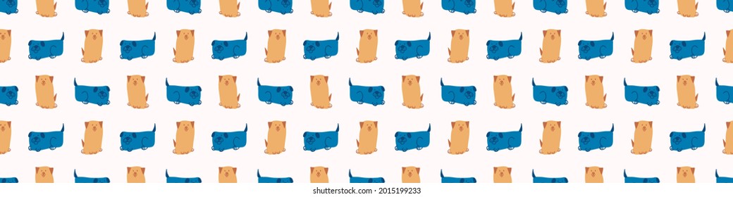 Seamless cartoon pet dog doodle border. Whimsical minimal 2 tone gender neutral color. Kids nursery banner or whimsical character fashion all over print.