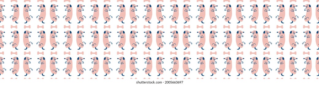 Seamless cartoon pet sausage dog doodle border. Whimsical minimal 2 tone gender neutral color. Kids nursery banner or whimsical character fashion all over print.