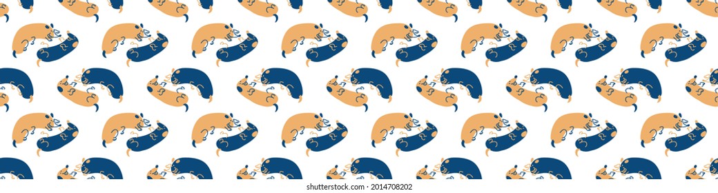 Seamless cartoon pet sausage dog doodle border. Whimsical minimal 2 tone gender neutral color. Kids nursery banner or whimsical character fashion all over print.