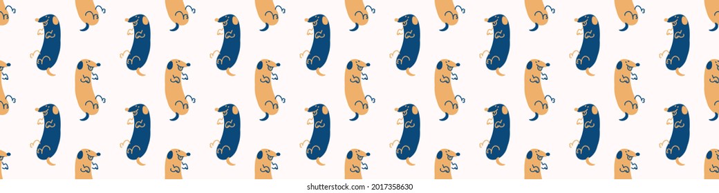 Seamless cartoon pet sausage dog doodle border. Whimsical minimal 2 tone gender neutral color. Kids nursery banner or whimsical character fashion all over print.