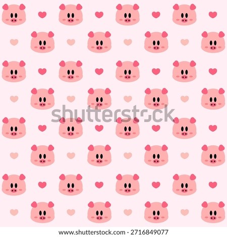 Seamless Cartoon Pig Head Pattern with Love Hearts for Kids Room Decor