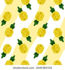 Seamless Cartoon Pineapple Fruit Pattern. Seamless pattern with cute flat cartoon pineapples on a yellow wave background. Bright tropical fruit design, isolated on white.