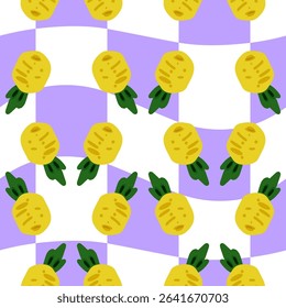 Seamless Cartoon Pineapple Summer Pattern. Seamless pattern with yellow pineapples on wavy lilac and white background. Flat cartoon style with tropical fruit theme and vibrant color palette.