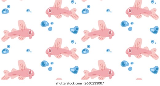 Seamless Cartoon Pink Fish Pattern. Pink cartoon fish with water bubbles on white background. Flat seamless pattern in soft pastel colors.