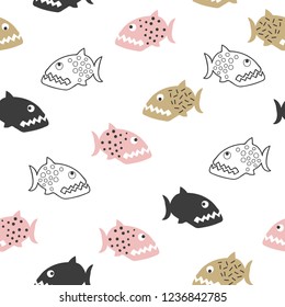 Seamless cartoon piranha pattern. Vector fish background for kids.