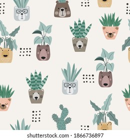 Seamless cartoon plants in pots as bear face pattern.