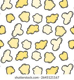 Seamless cartoon popcorn pattern with hand-drawn, irregular shapes in soft yellow tones. Suitable for snack packaging, textile design, or children’s backgrounds.