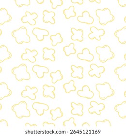 Seamless cartoon popcorn pattern with hand-drawn, irregular shapes in soft yellow tones. Suitable for snack packaging, textile design, or children’s backgrounds.