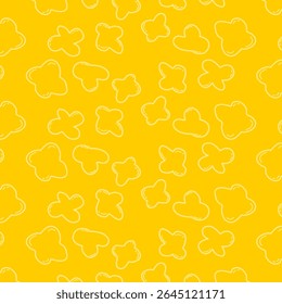 Seamless cartoon popcorn pattern with hand-drawn, irregular shapes in soft yellow tones. Suitable for snack packaging, textile design, or children’s backgrounds.
