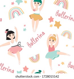 Seamless cartoon poster with three dancing little ballerinas, rainbows and stars. Printing on fabric, wallpaper, wrapping paper. Background for the school choreography and dance. Vector illustration.