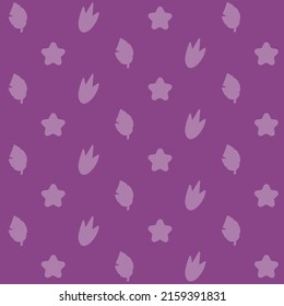 Seamless cartoon purple pattern with dinosaur footprints, stars, leaves. Vector baby background. Gift wrap, print, cloth, cute backdrop for a card.