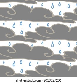 Seamless cartoon rain cloud doodle pattern. Whimsical minimal gender neutral color. Kids nursery or weather fashion all over print. 
