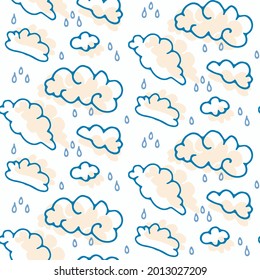 Seamless cartoon rain cloud doodle pattern. Whimsical minimal gender neutral color. Kids nursery or weather fashion all over print. 