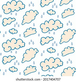 Seamless cartoon rain cloud doodle pattern. Whimsical minimal gender neutral color. Kids nursery or weather fashion all over print. 