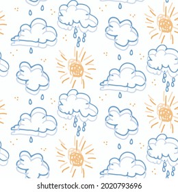 Seamless cartoon rain cloud with sun doodle pattern. Whimsical minimal gender neutral color. Kids nursery or weather fashion all over print. 