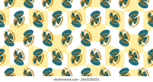 Seamless Cartoon Retro Fan Pattern. Vintage electric fans in cartoon flat style. Seamless nostalgic pattern on yellow and white background.