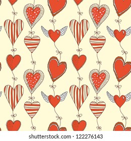 Seamless cartoon romantic pattern with hearts on ropes with bows
