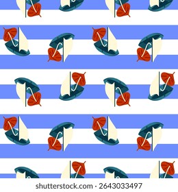 Seamless Cartoon Sailboat Stripe Pattern. Seamless pattern with cartoon sailboats and red umbrellas on horizontal blue and white striped background. Flat nautical style, alternating orientation.