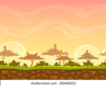 Seamless Cartoon Savanna Landscape, Vector Unending Background With Grass, Bushes, Trees And Evening Sky Layers