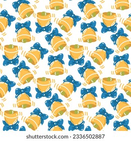 Seamless cartoon school bell pattern on white background. Cartoon cute yellow bell with a bow. Back to school. The first call. School packaging for the holiday