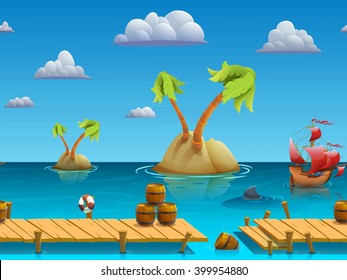 Seamless cartoon sea landscape, vector unending background with separated layers for game.