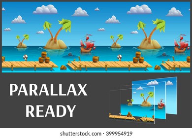 Seamless cartoon sea landscape, vector unending background with separated layers for game.