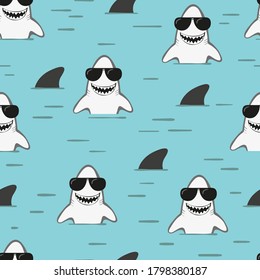 Seamless cartoon shark pattern for kids. Vector marine illustration.